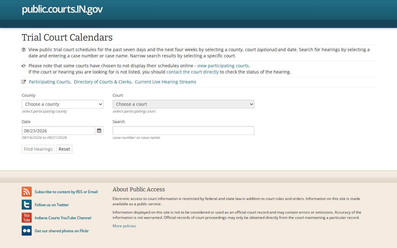 Indiana Trial Court Calendars search interface with Greene County participation limits