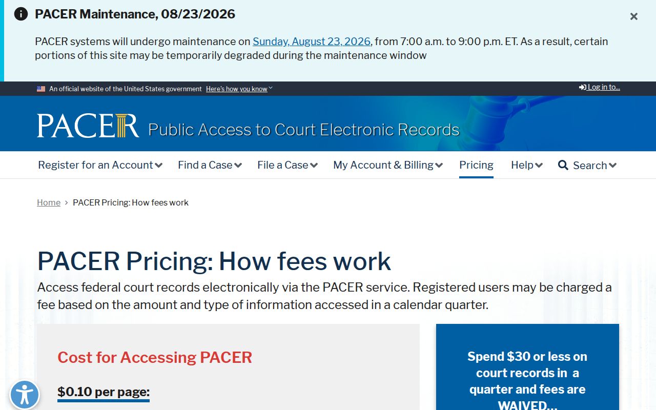 Official PACER pricing for federal court records involving Greene County