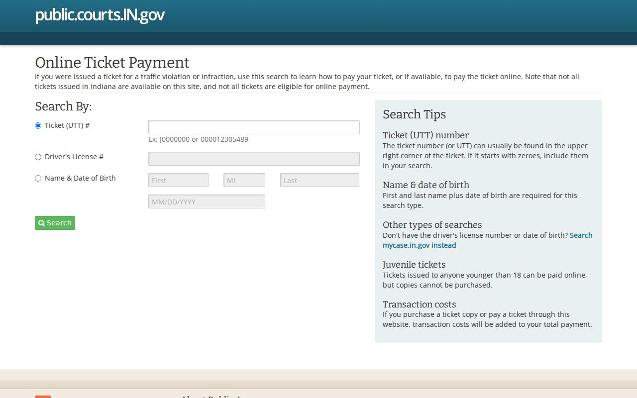 Indiana ePay search form for Greene County traffic tickets