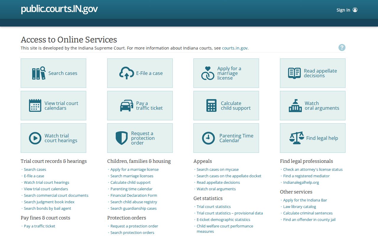 Indiana Public Portal sign-in for party and attorney access