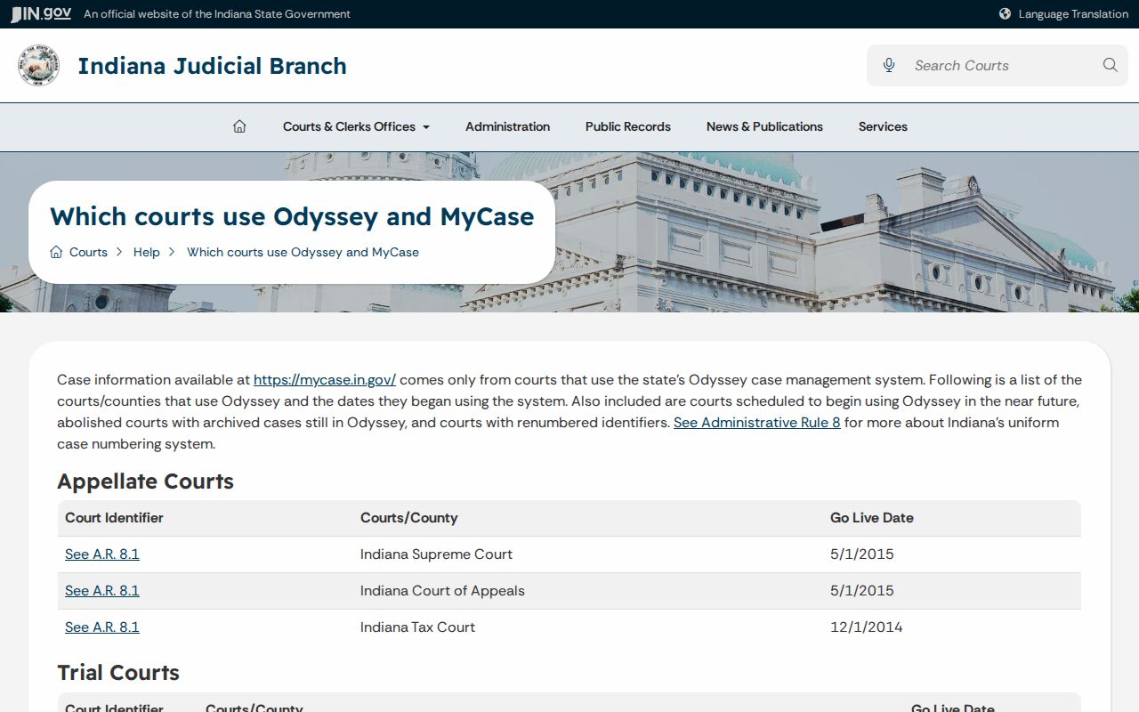 Odyssey list showing Greene Circuit and Superior Courts