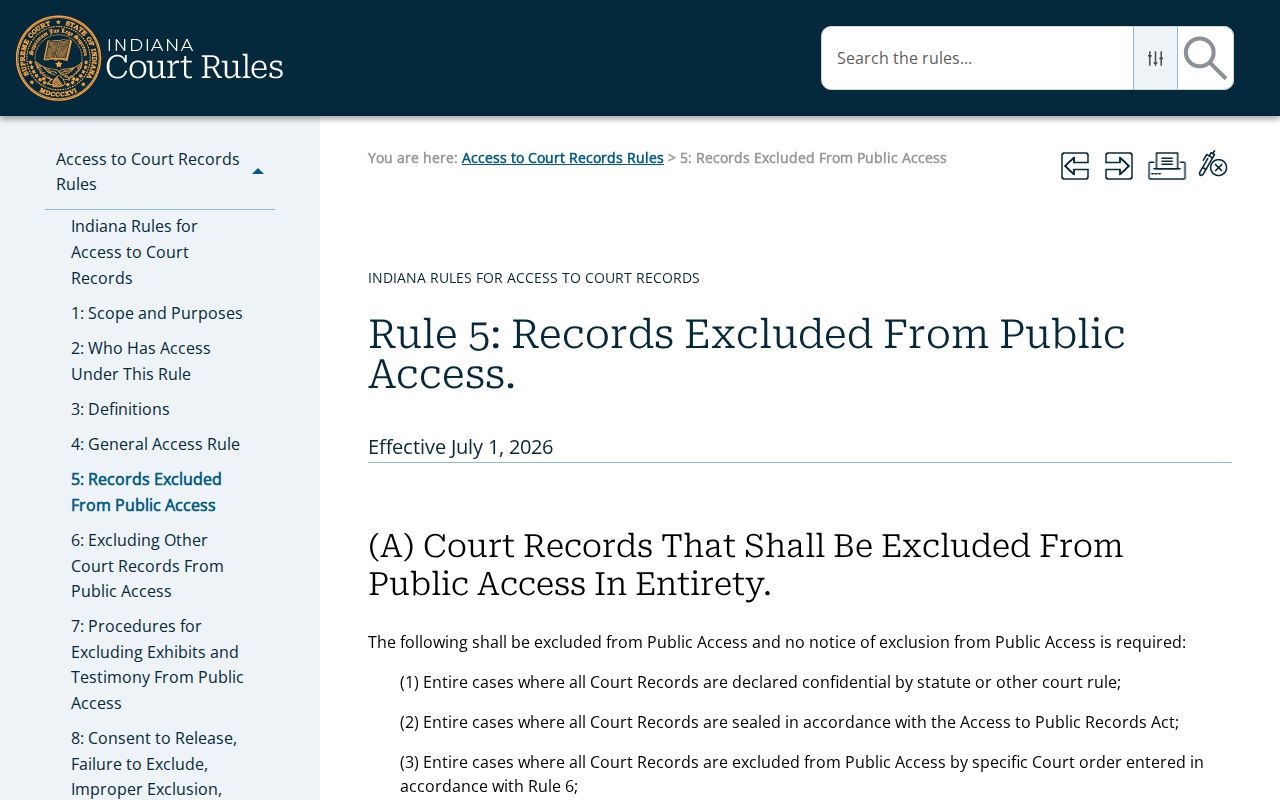 Indiana Rule 5 confidential court-record categories